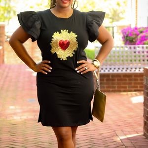 Black Cotton Spandex Dress with Heart Graphic